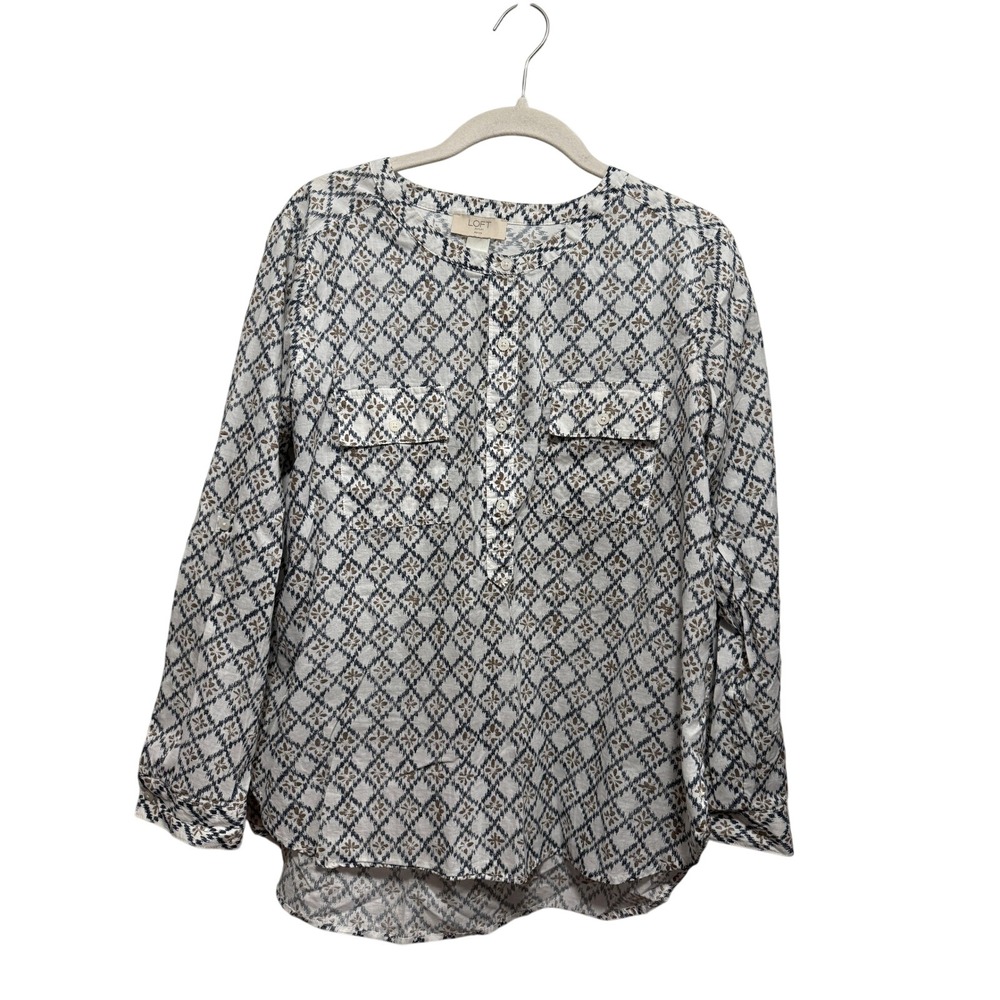 LOFT Button Blouse Petite Women's L Diamond Print Button Neck Long Sleeve preppy